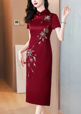 Chinese Style Wine Red Stand Collar Zircon Side Open Silk Dresses Summer BB018