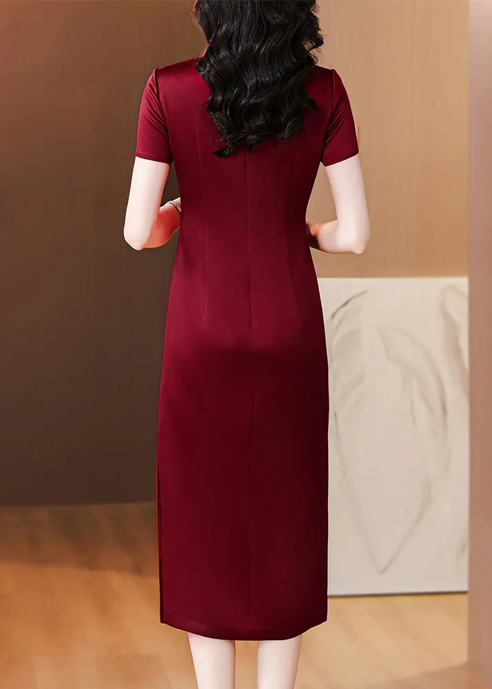 Chinese Style Wine Red Stand Collar Zircon Side Open Silk Dresses Summer BB018