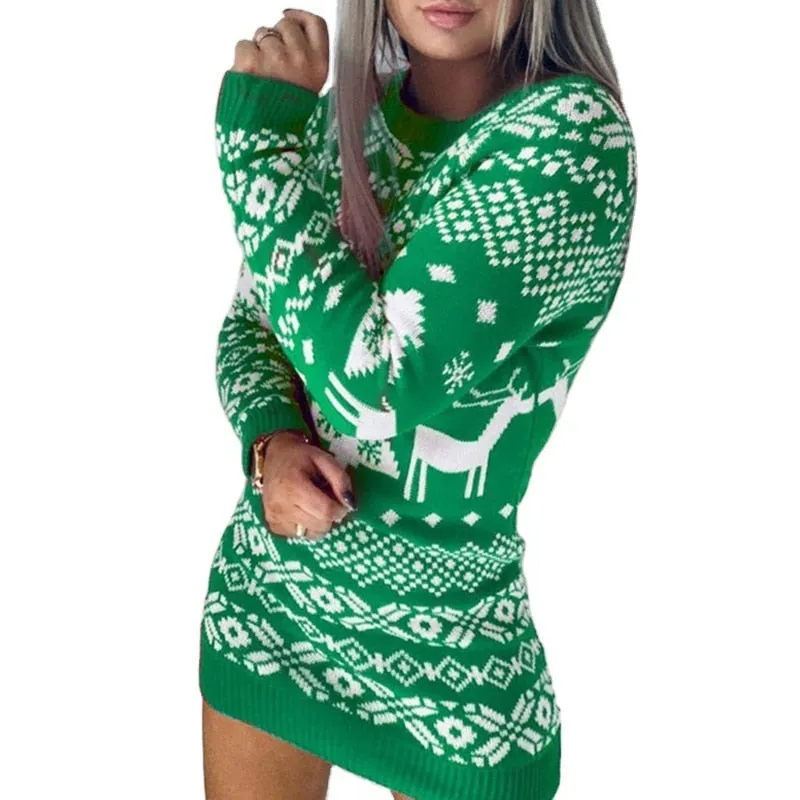 Christmas Tree Print Crew Neck Knitted Mini Dress