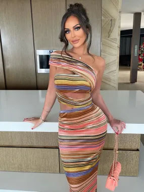 Colorful Stripe Cut Out Slit Maxi Dress