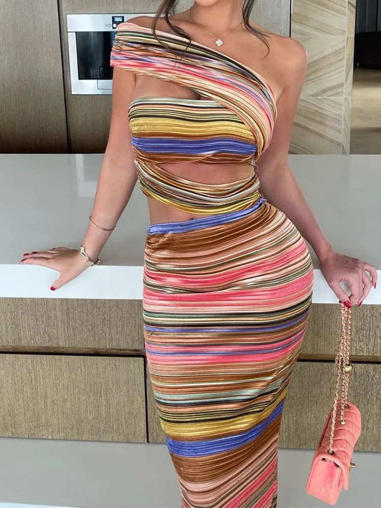 Colorful Stripe Cut Out Slit Maxi Dress