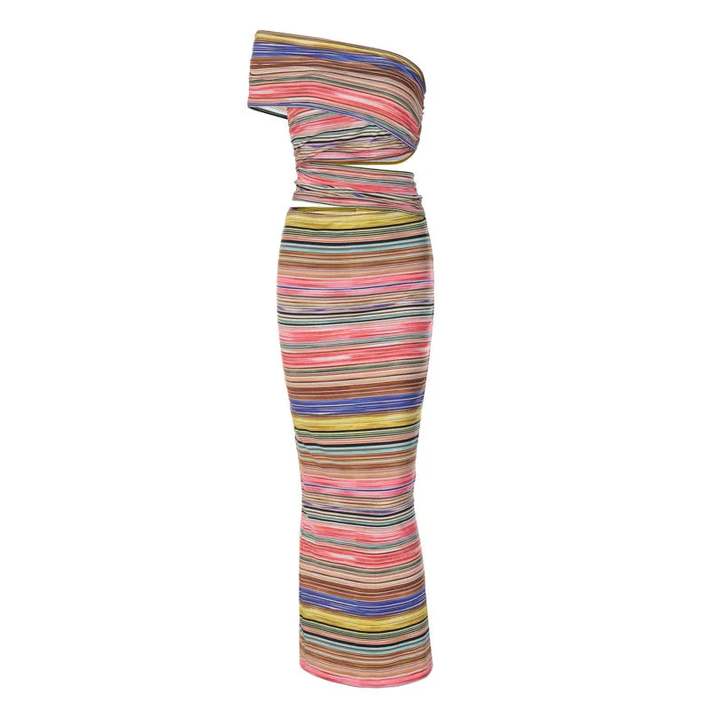 Colorful Stripe Cut Out Slit Maxi Dress