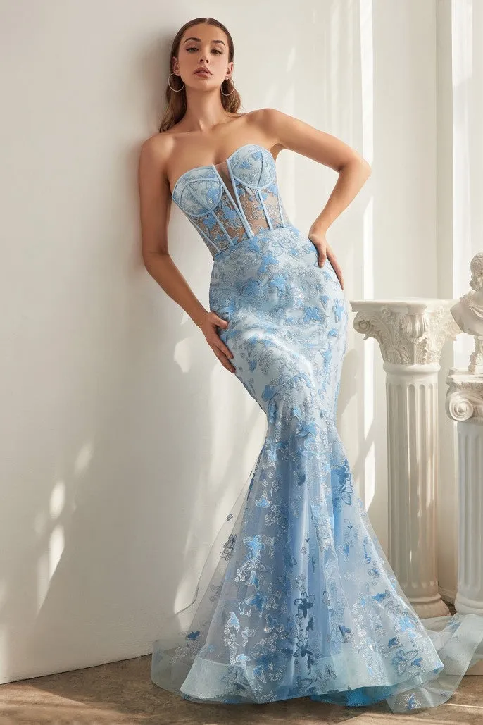 Congenial | Strapless Butterfly Print Mermaid Gown | LaDivine CB099