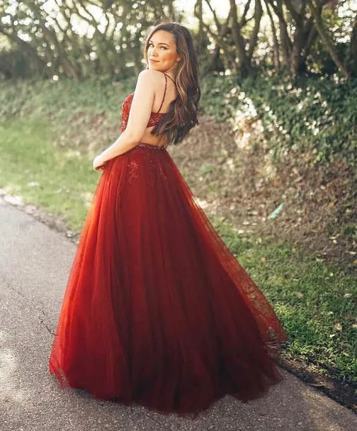 Dark Red Spaghetti Strap Applique Beading Tulle A-line Prom Dresses, DB1093