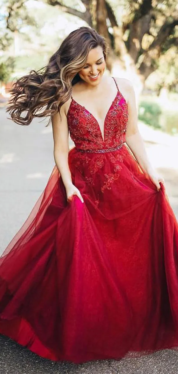 Dark Red Spaghetti Strap Applique Beading Tulle A-line Prom Dresses, DB1093