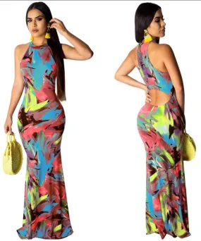 Elegant Boho Floral Print Halter Long Dress Backless Hollow Out