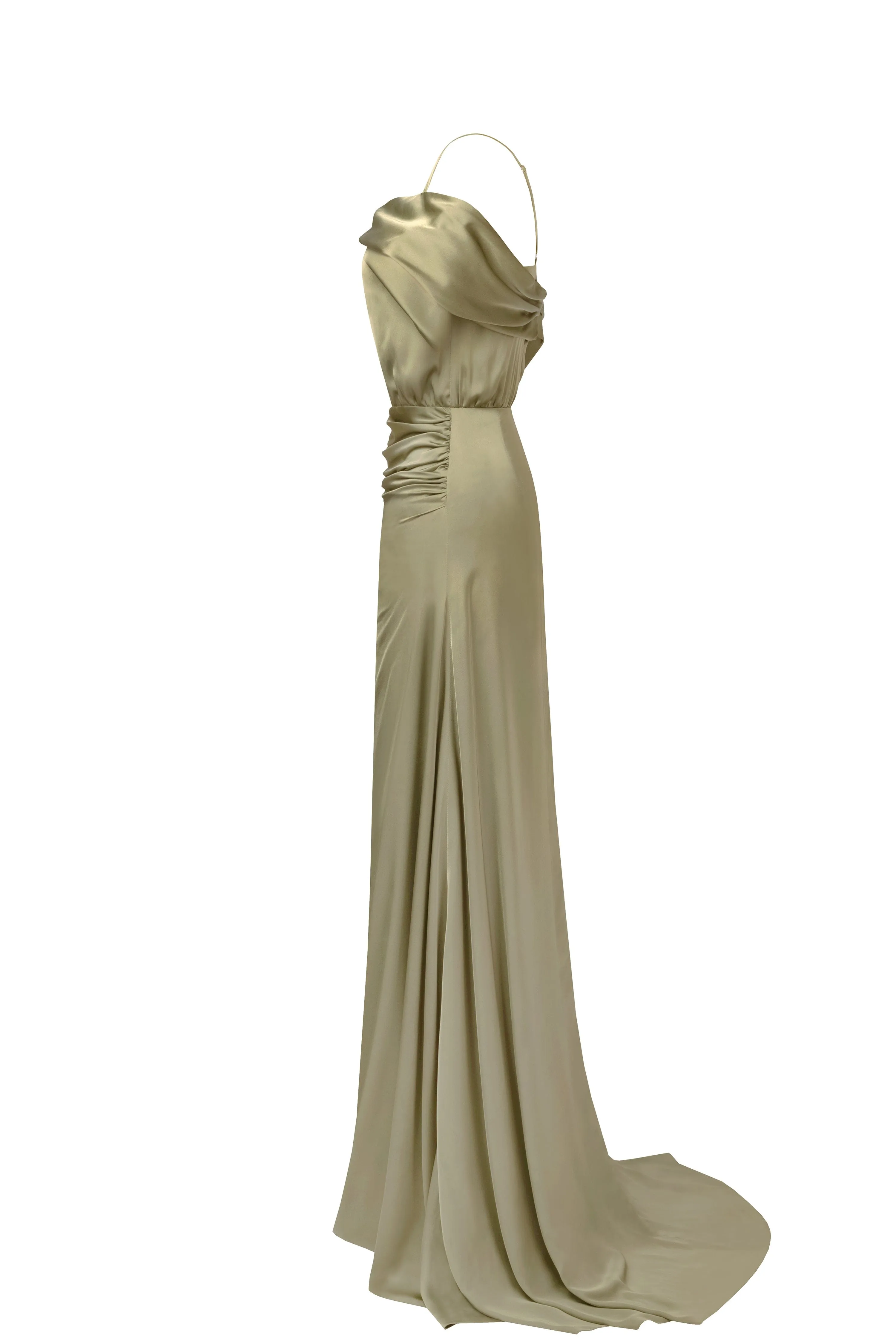 Elegant olive off-the-shoulder silk maxi dress