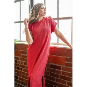 Entro Red Ribbed Midi Dress