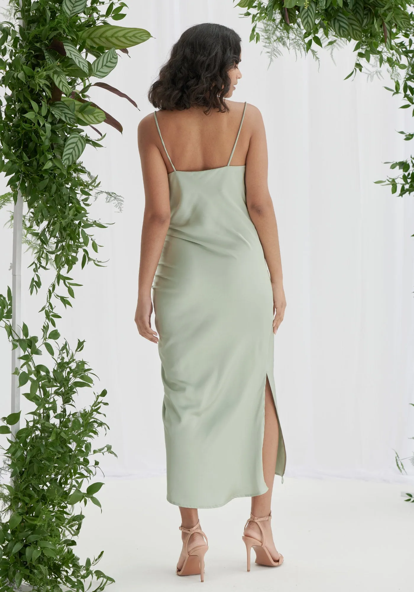 Estelle Ruched Satin Slip Dress - Sage Green