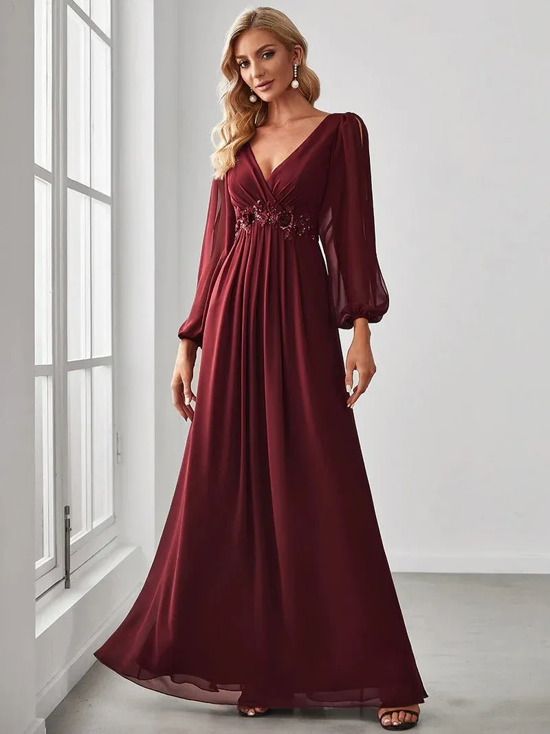 Floor Length Long Lantern Sleeves Bridesmaid Dress