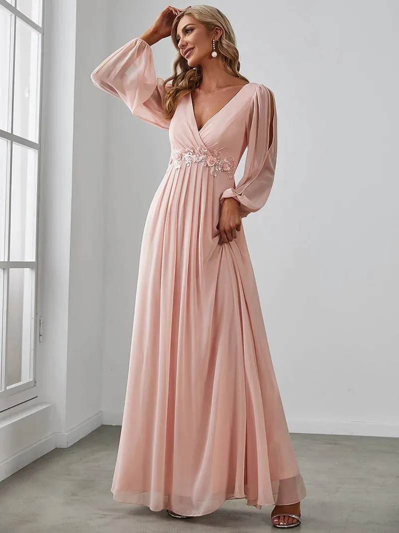 Floor Length Long Lantern Sleeves Bridesmaid Dress