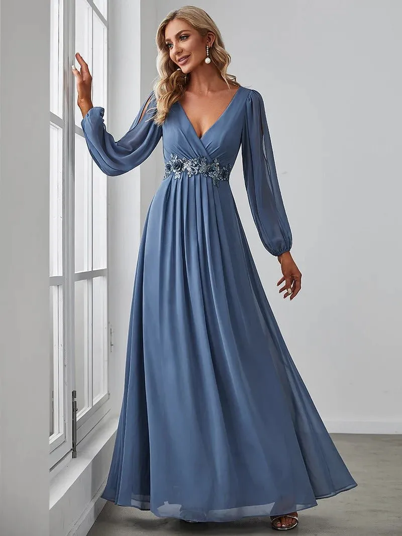 Floor Length Long Lantern Sleeves Bridesmaid Dress