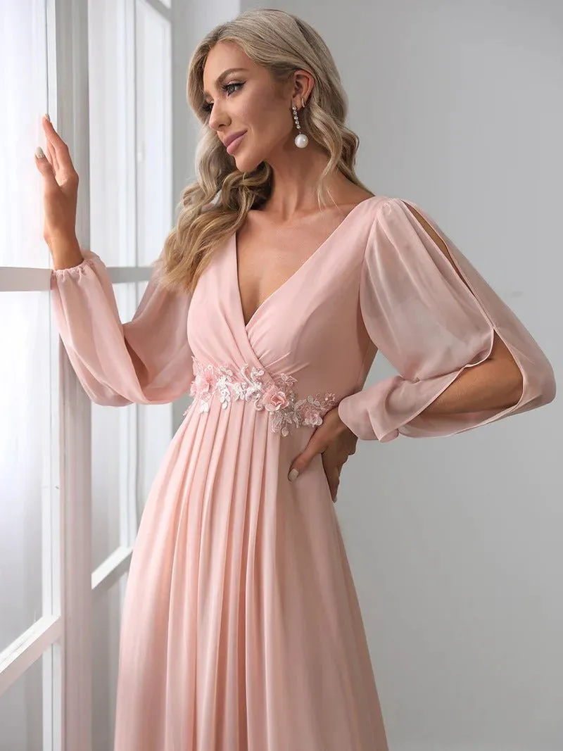 Floor Length Long Lantern Sleeves Bridesmaid Dress