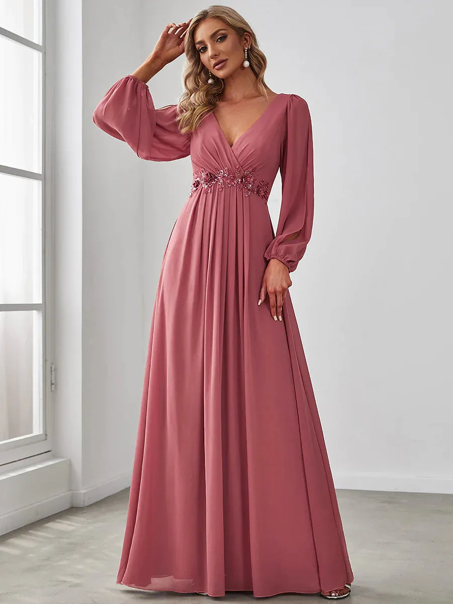 Floor Length Long Lantern Sleeves Bridesmaid Dress