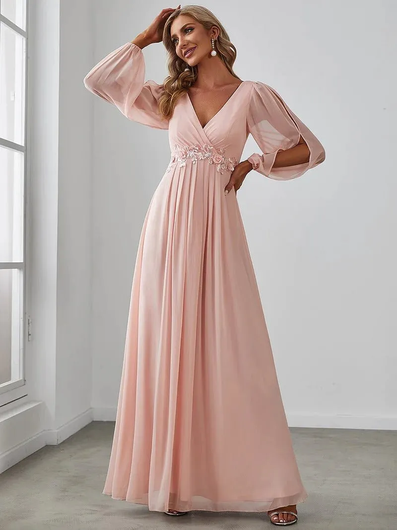 Floor Length Long Lantern Sleeves Bridesmaid Dress