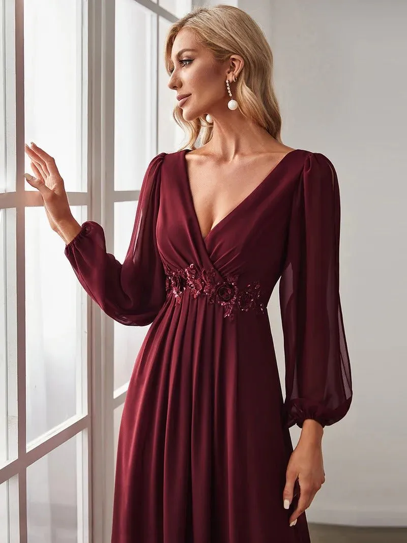 Floor Length Long Lantern Sleeves Bridesmaid Dress