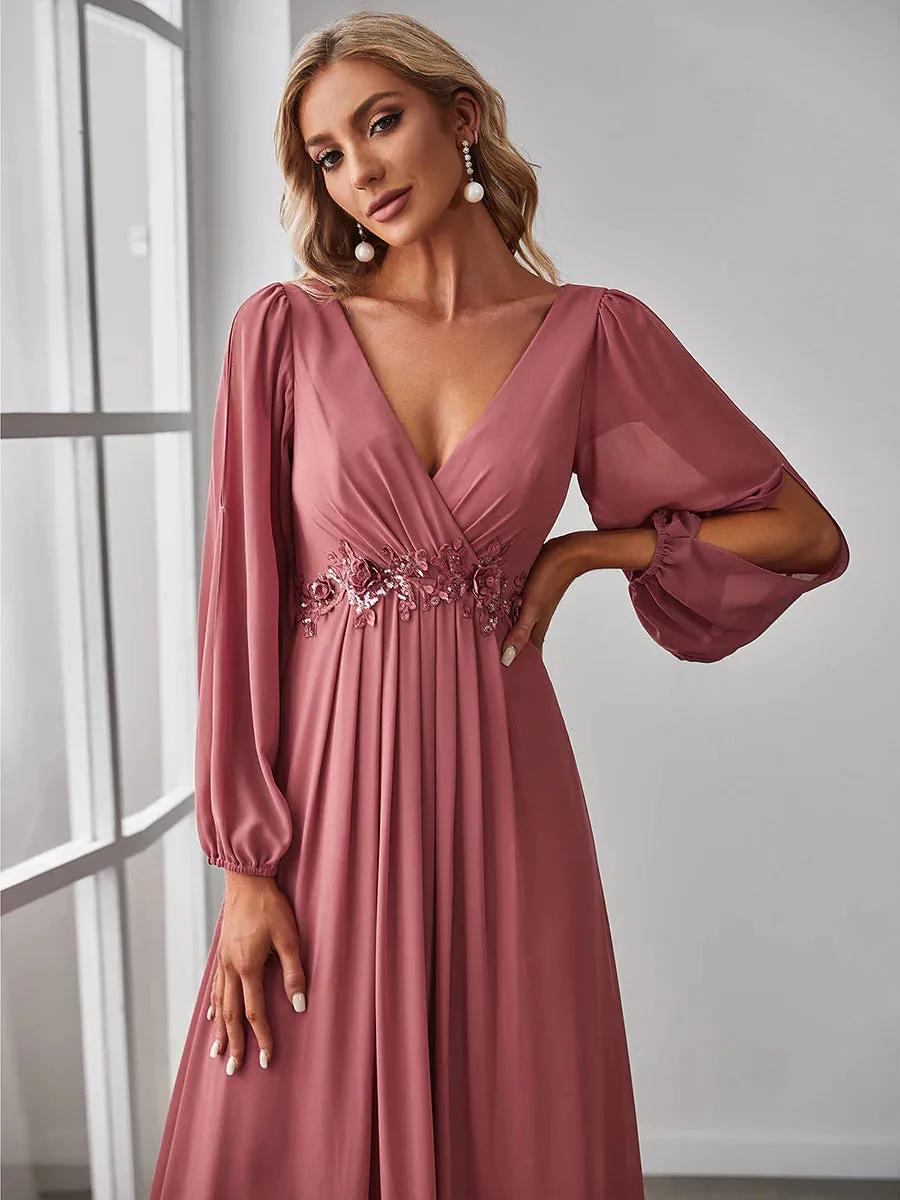 Floor Length Long Lantern Sleeves Bridesmaid Dress