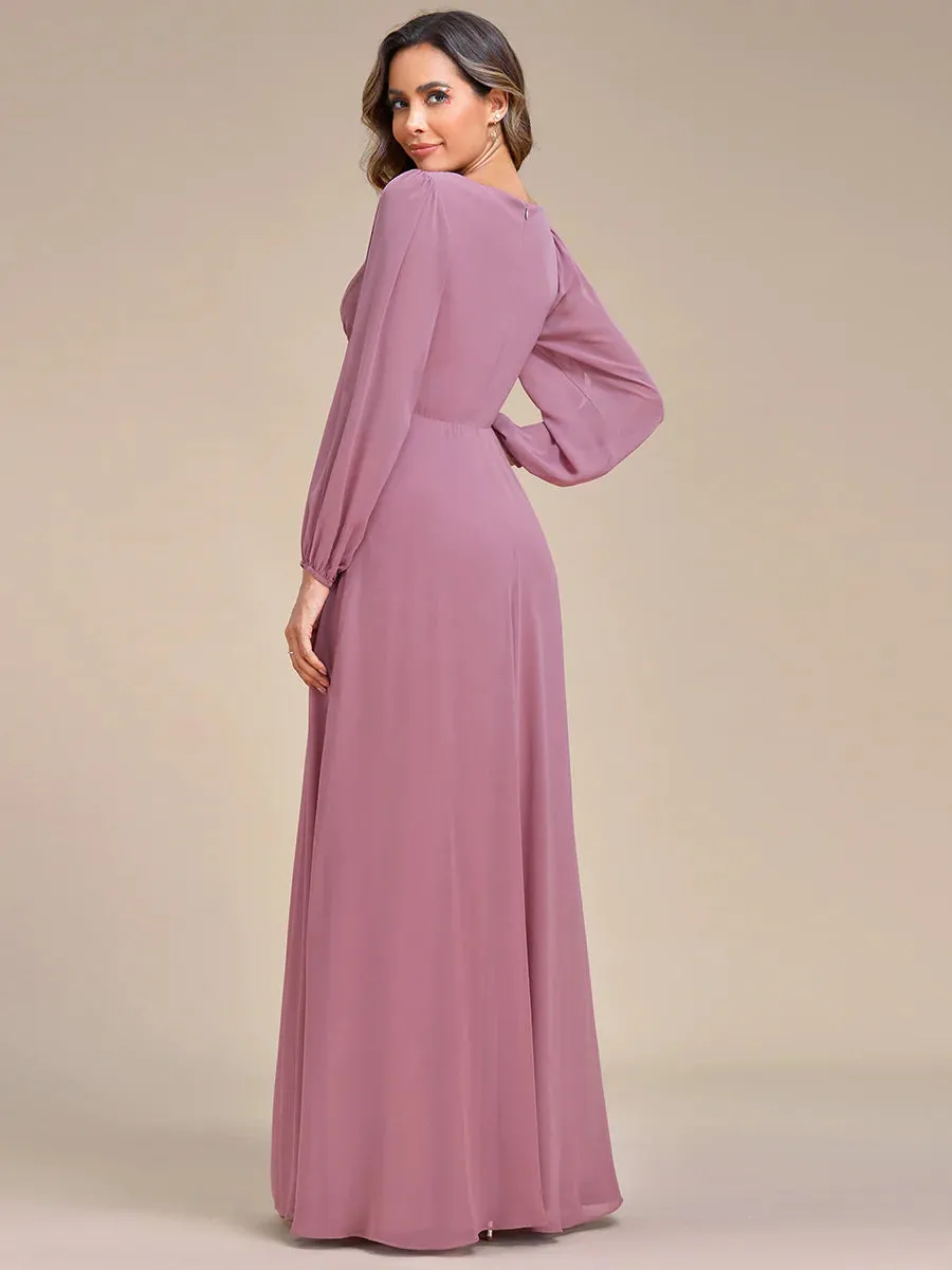 Floor Length Long Lantern Sleeves Bridesmaid Dress