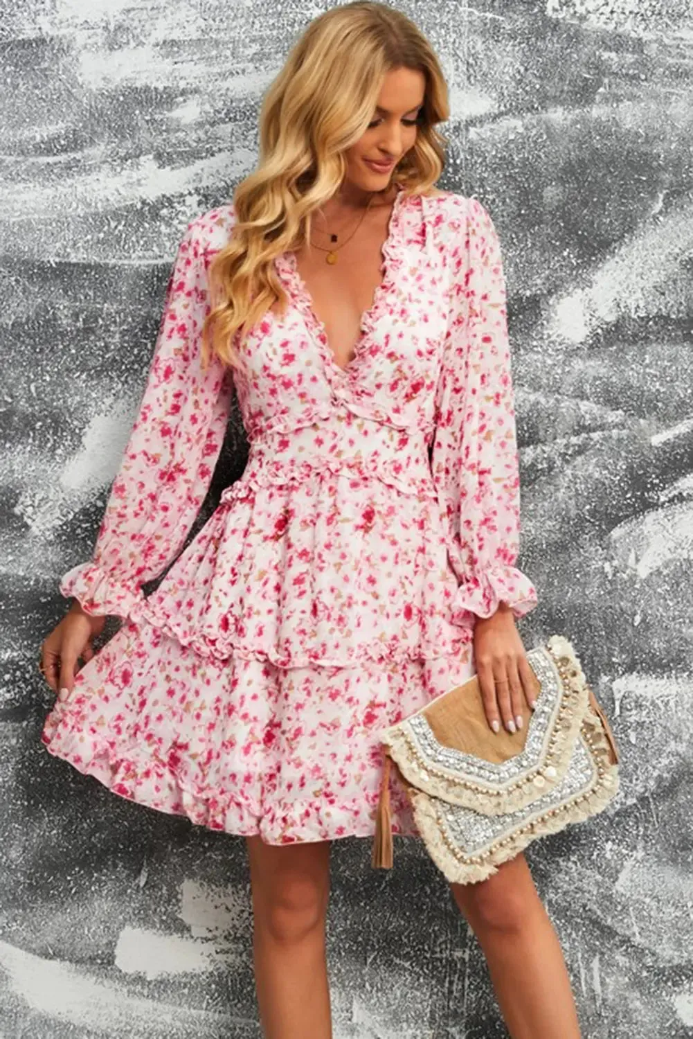 Floral Mini Dress Frill Trim