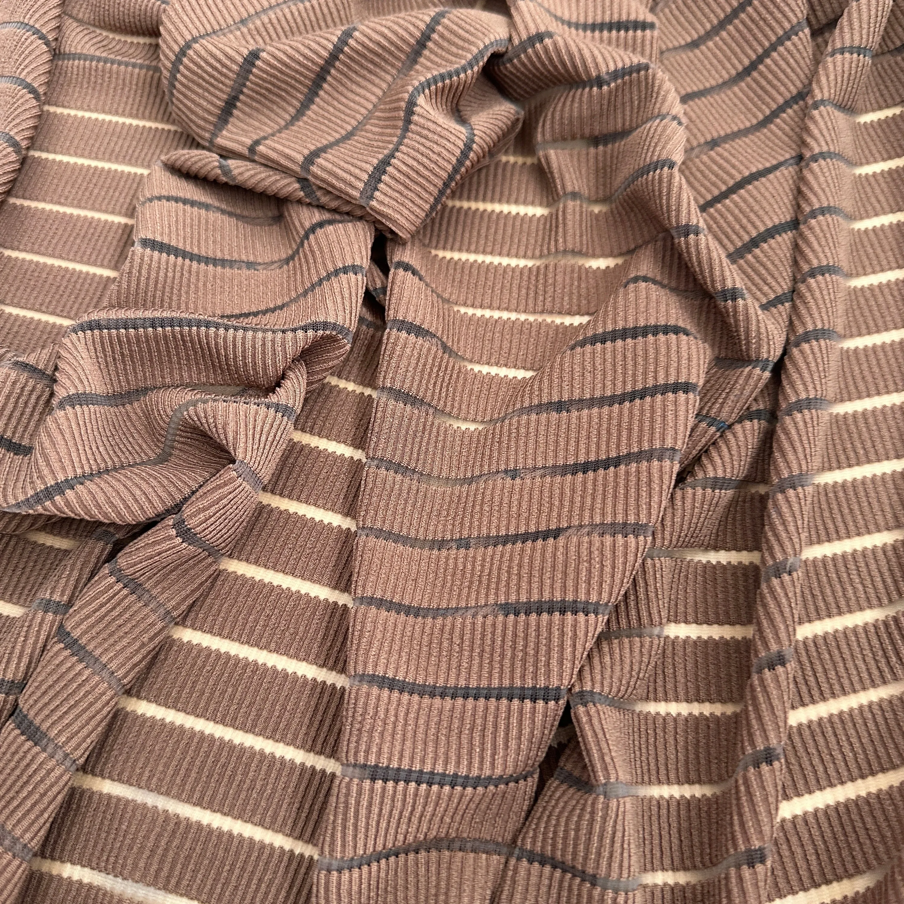 FS1199 Plain Burnout 2 x 1 Rib Stretch Fabric Ivory Chocolate