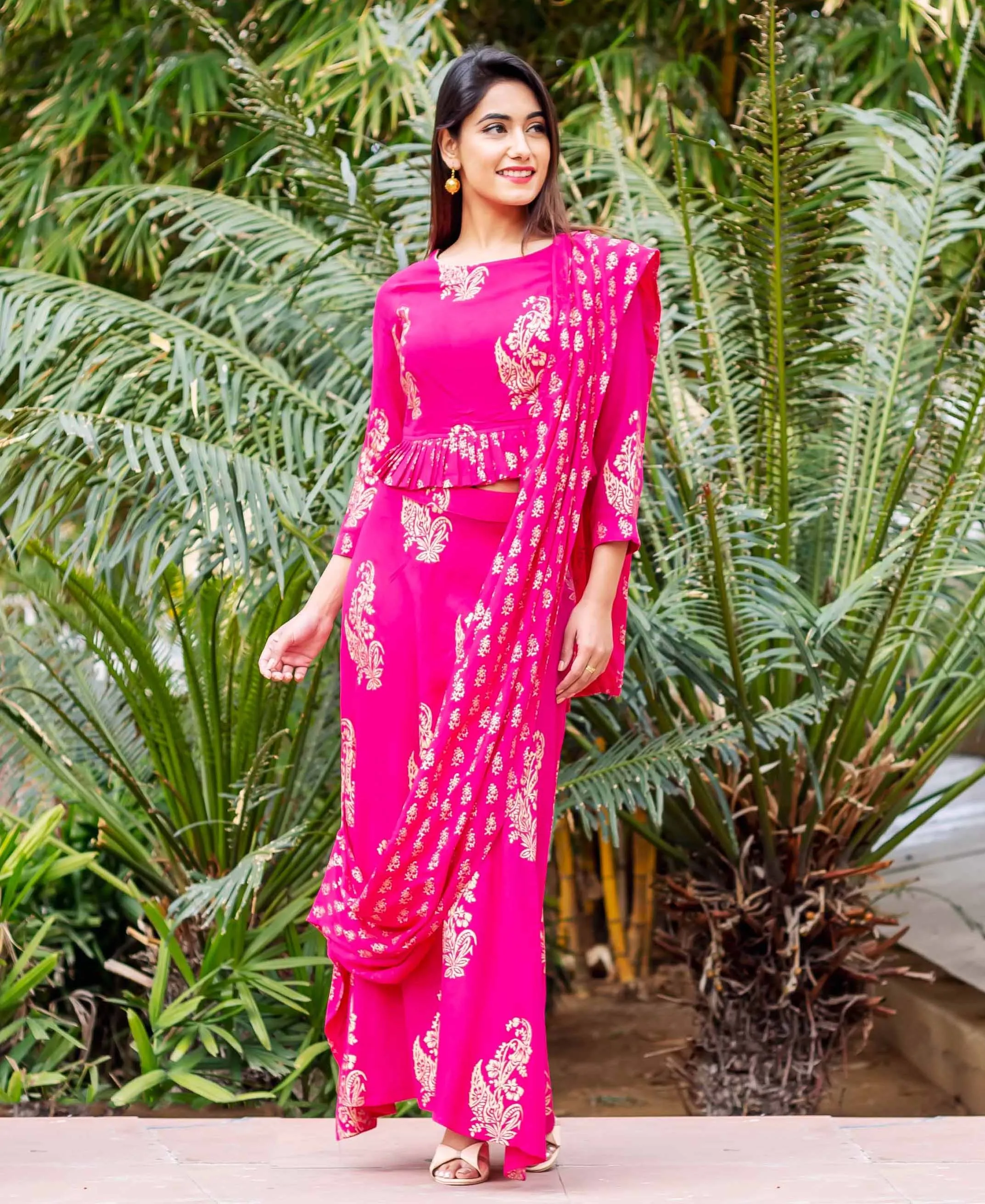 Fuchsia and Gold Printed Top with Saree Skirt