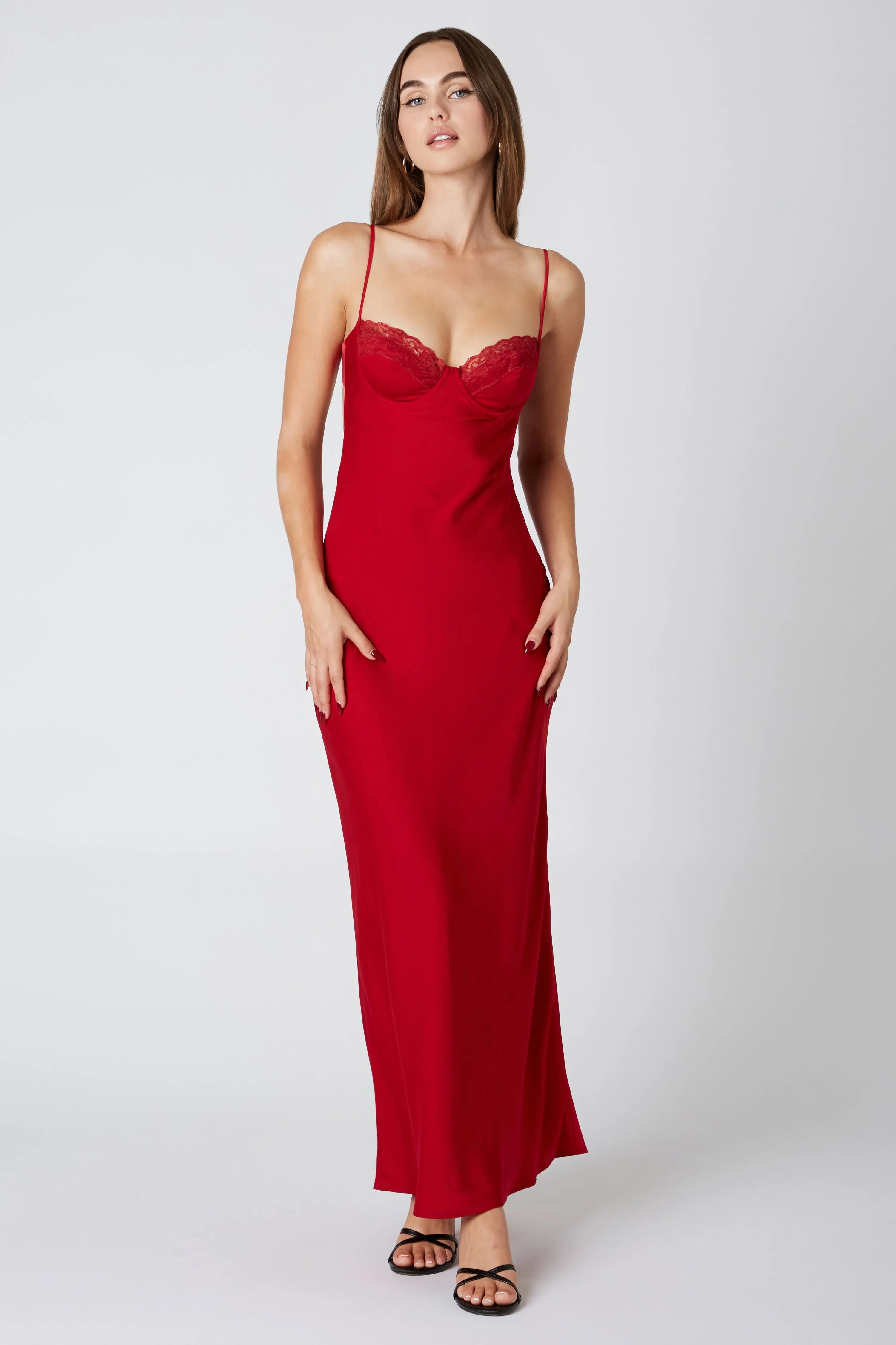 Gigi Satin Wire Bra Slip Maxi Dress - Ruby