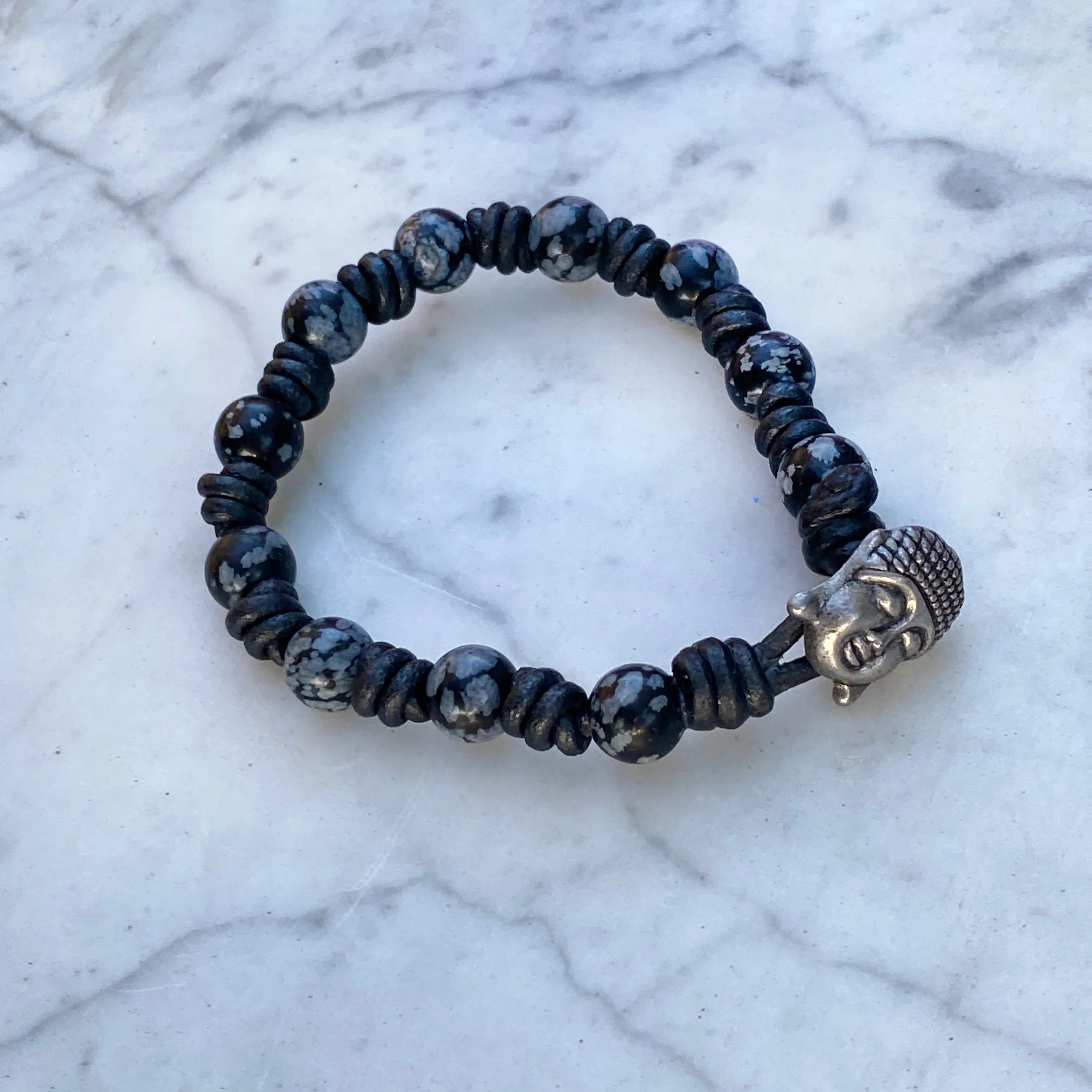 Hand knotted Snowflake Obsidian and Leather Bracelet