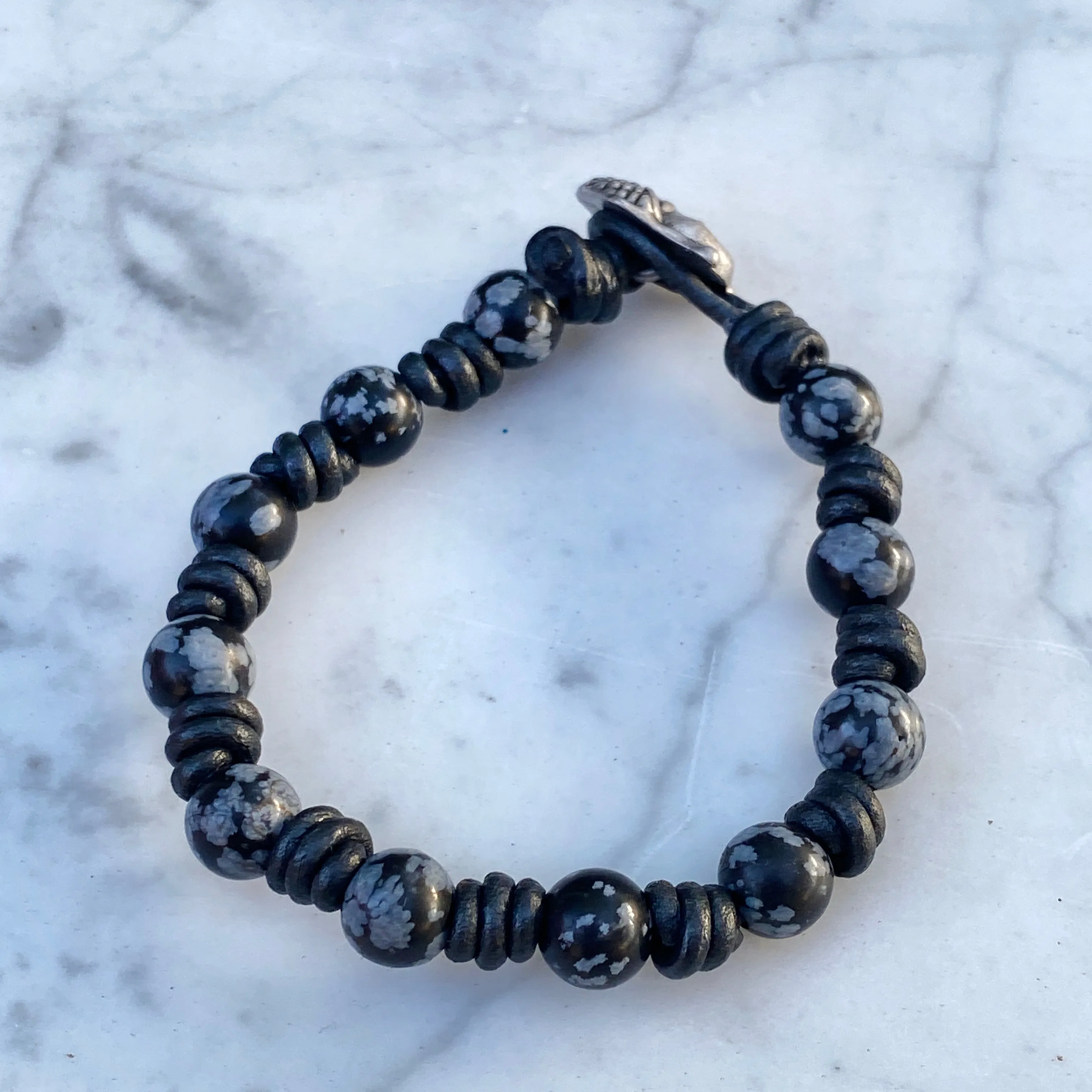 Hand knotted Snowflake Obsidian and Leather Bracelet