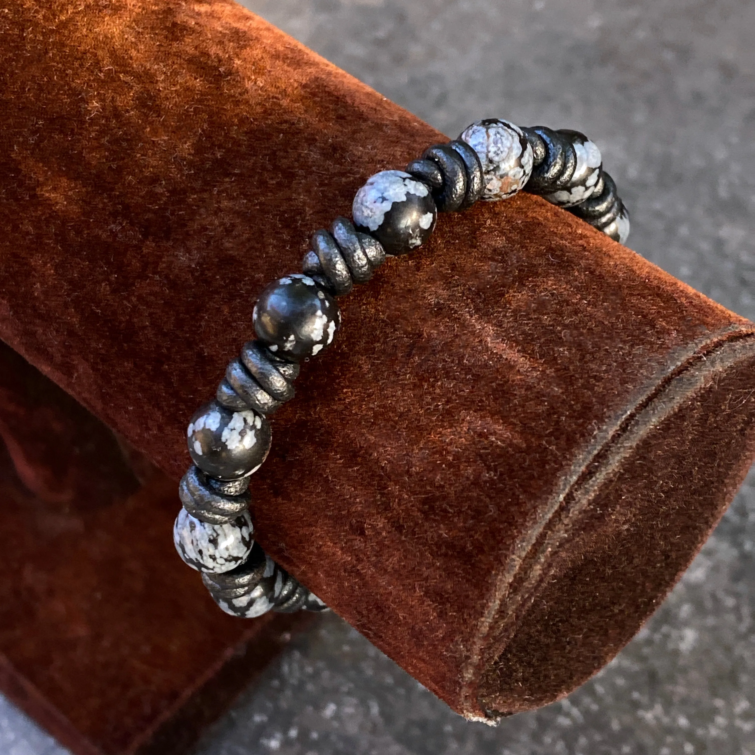 Hand knotted Snowflake Obsidian and Leather Bracelet