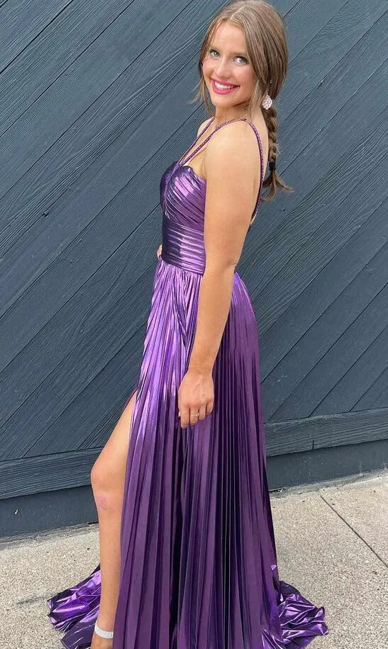 Key Hole Metallic Pleated Long Prom Dress with Slit PC1330