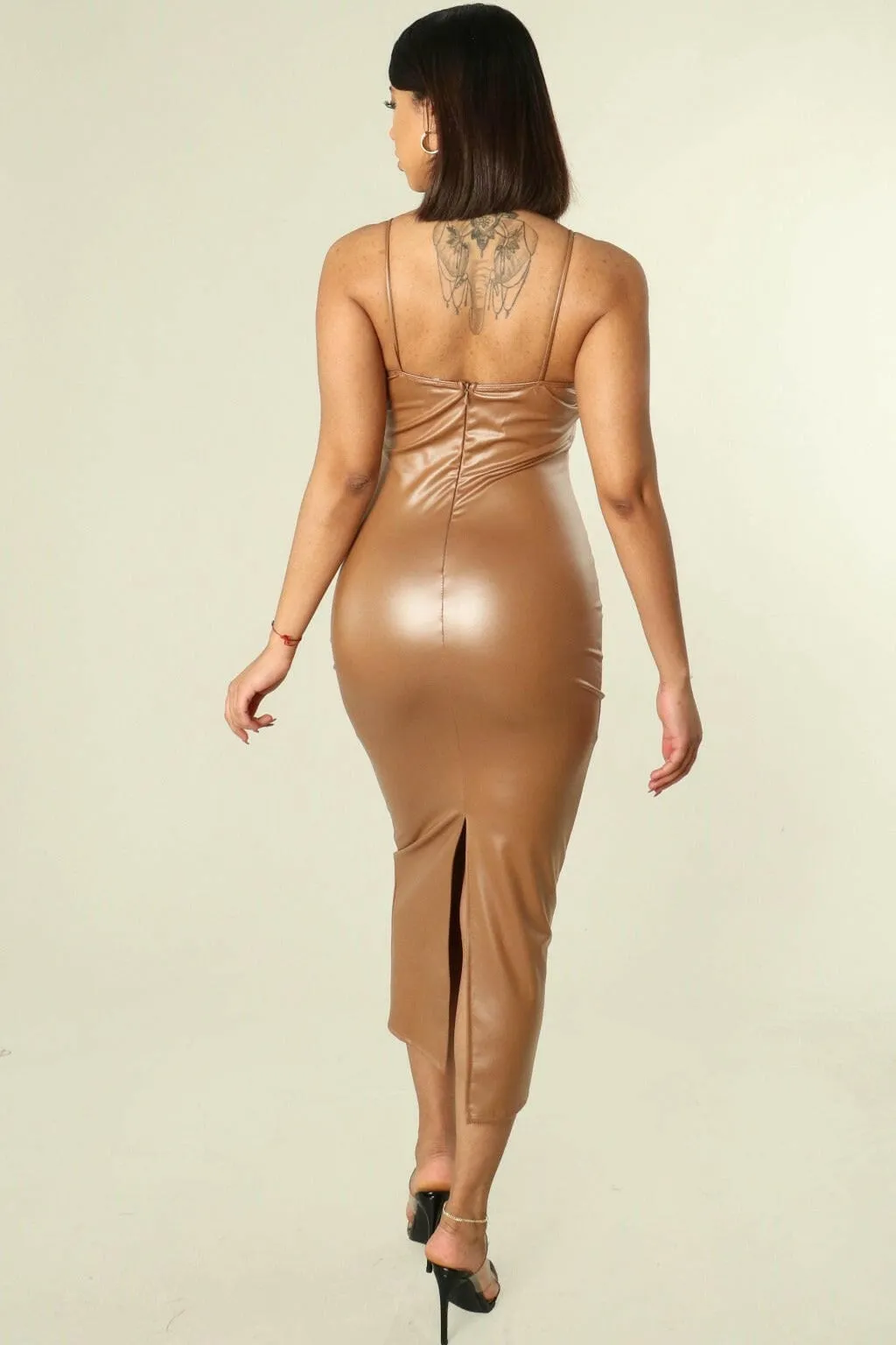 Leah Faux Patent Leather Maxi Dress Brown