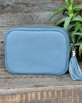 Leather Tassel Bag - Dusky Blue With Silver Finishings