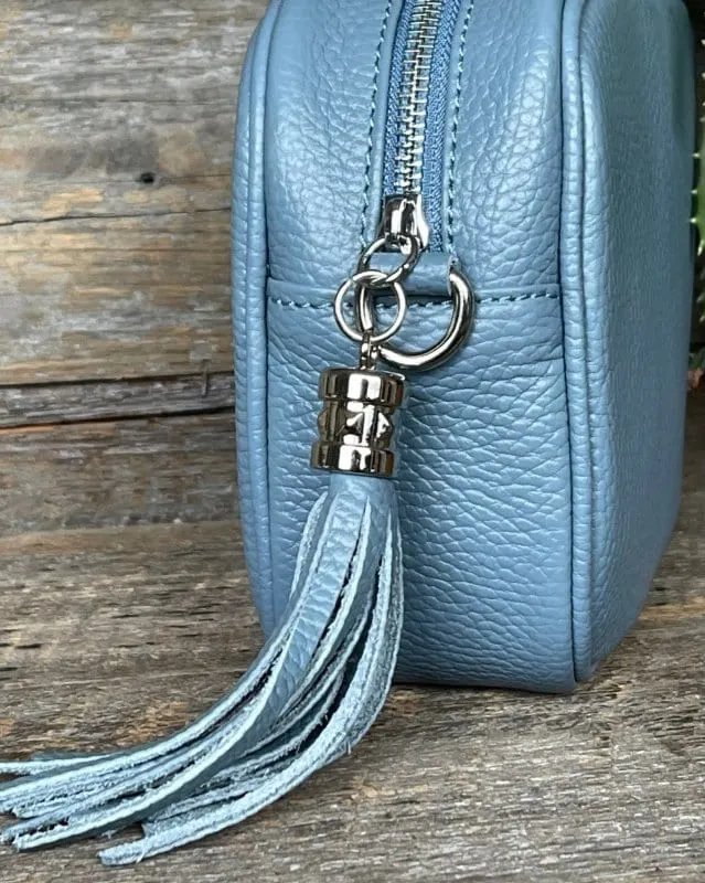 Leather Tassel Bag - Dusky Blue With Silver Finishings