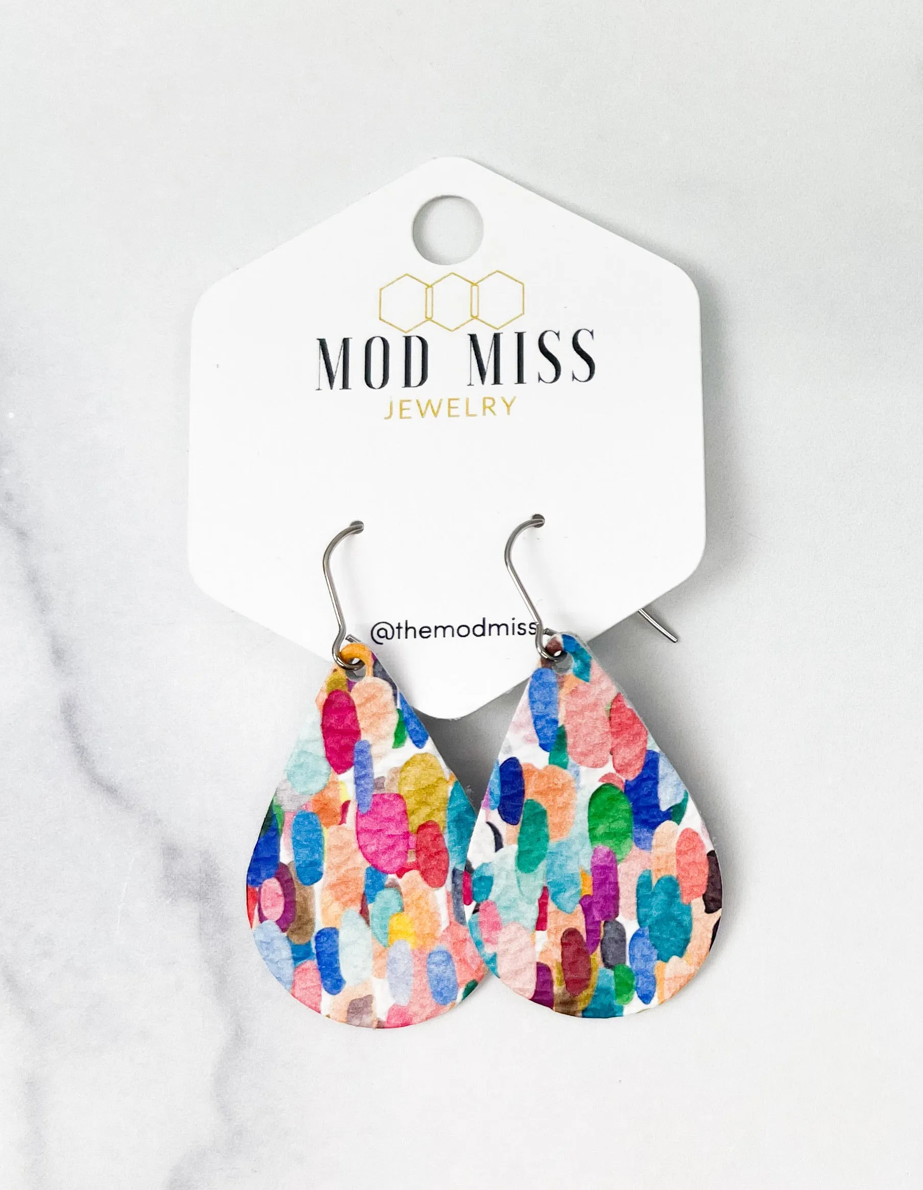 Leather Teardrop Earring Confetti Rainbow