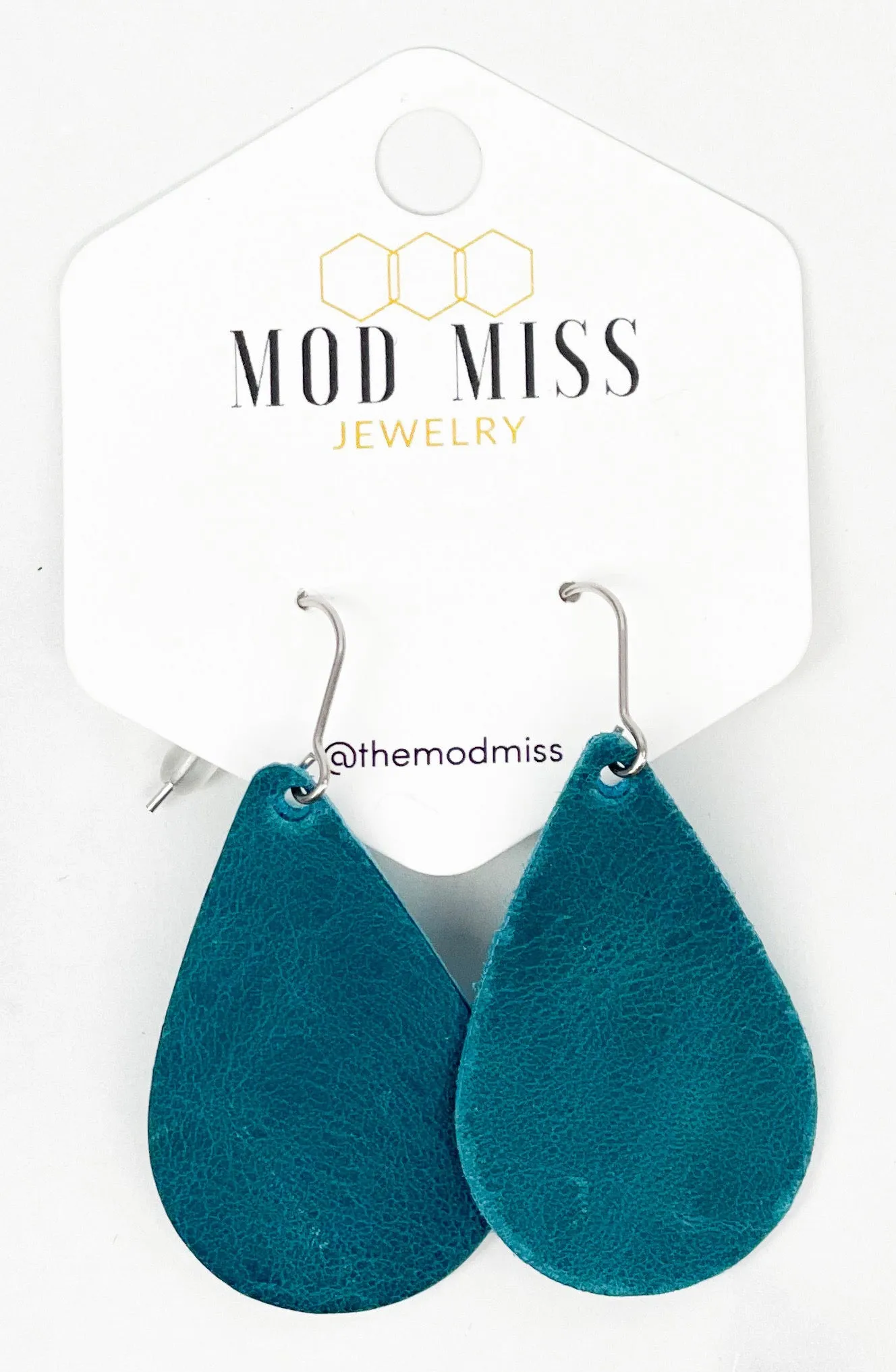 Leather Teardrop Earring Worn Dark Teal Blue