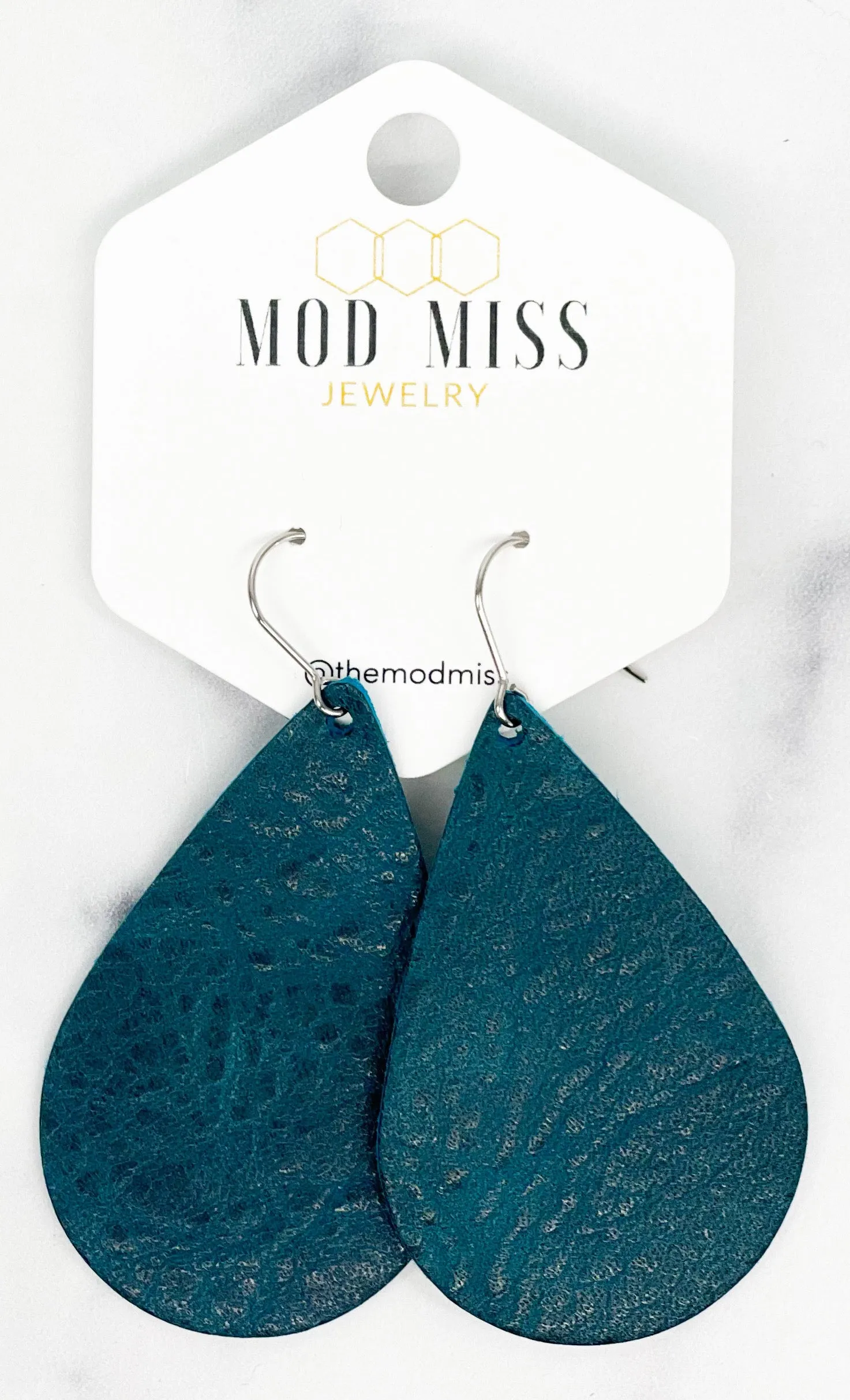 Leather Teardrop Earring Worn Dark Teal Blue