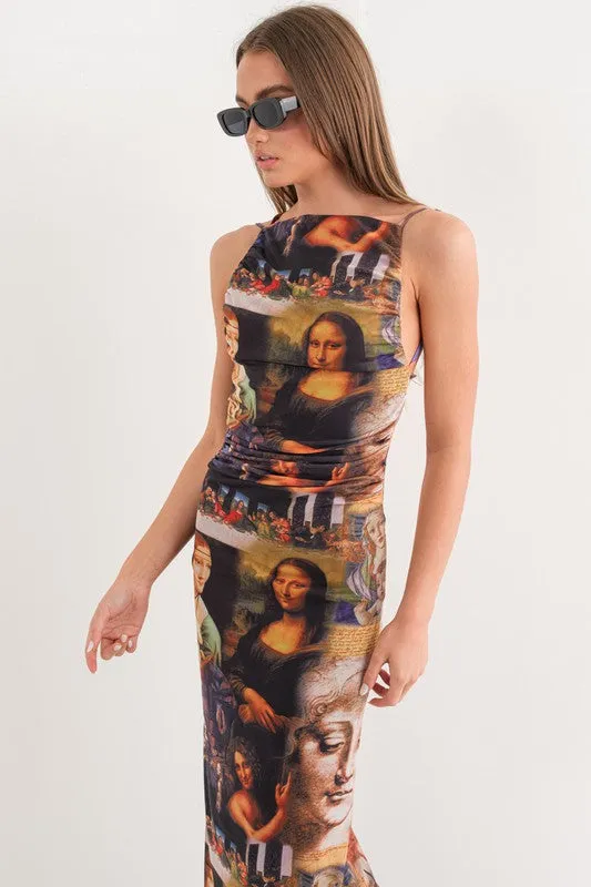 Mona Lisa Painting Photo Mesh Open Back Dress