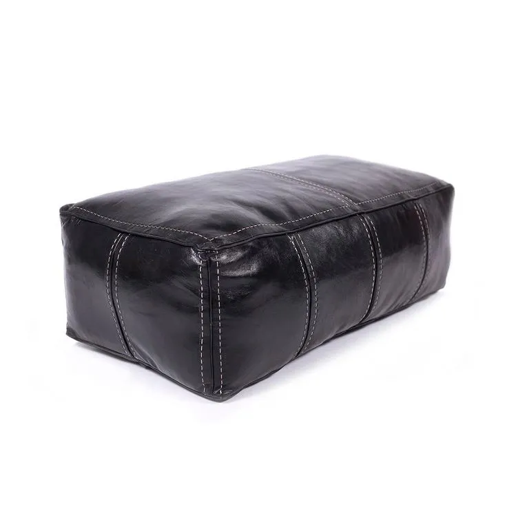 Moroccan Leather Pouf / Ottoman - Rectangular - Black - Aya