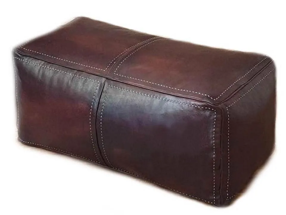 Moroccan Leather Pouf / Ottoman - Rectangular - Brown - Salwa