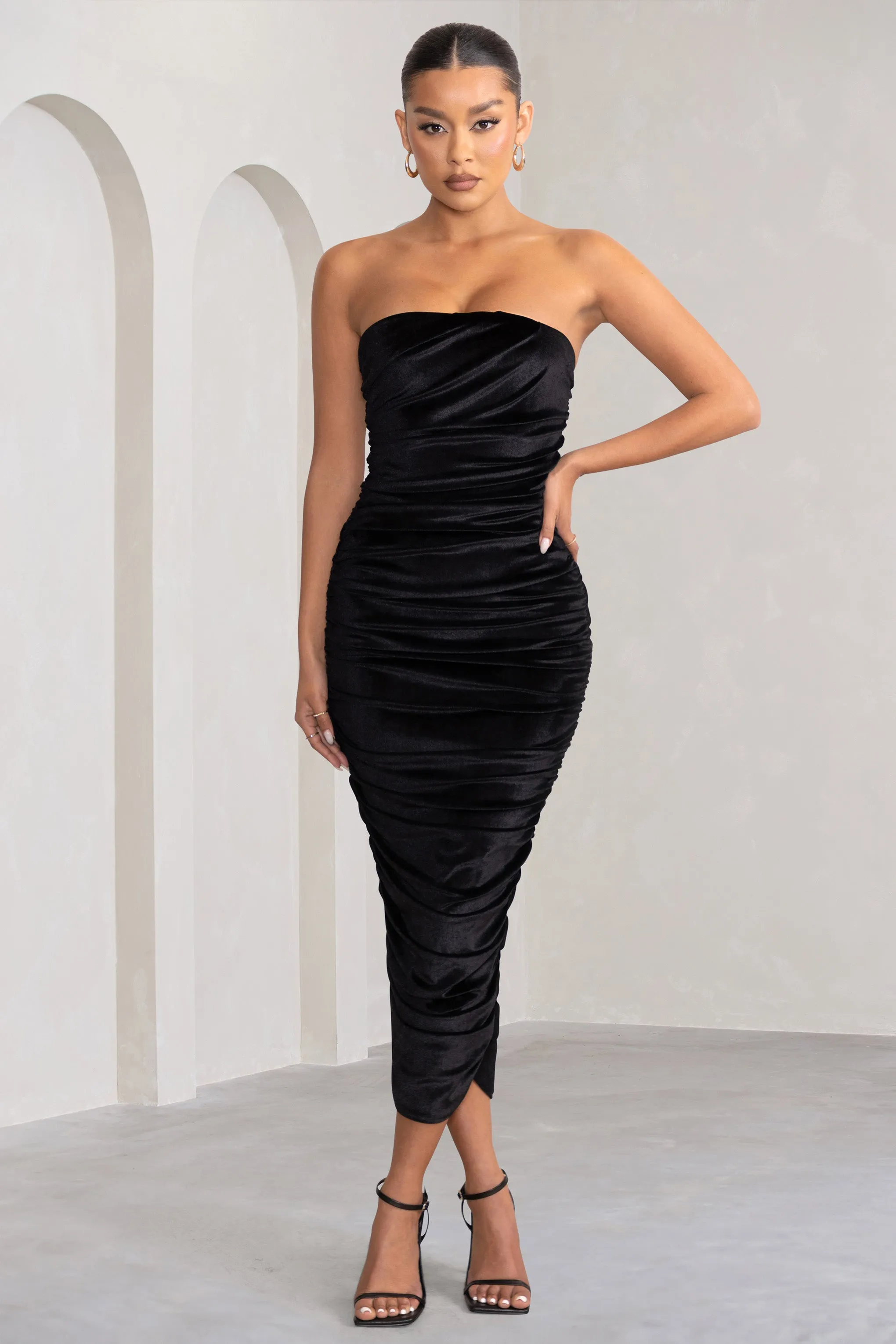 My Lady | Black Velvet Strapless Bodycon Ruched Mesh Maxi Dress