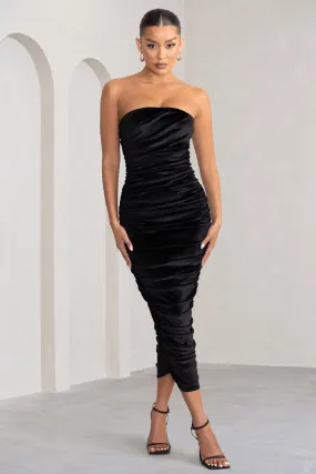 My Lady | Black Velvet Strapless Bodycon Ruched Mesh Maxi Dress