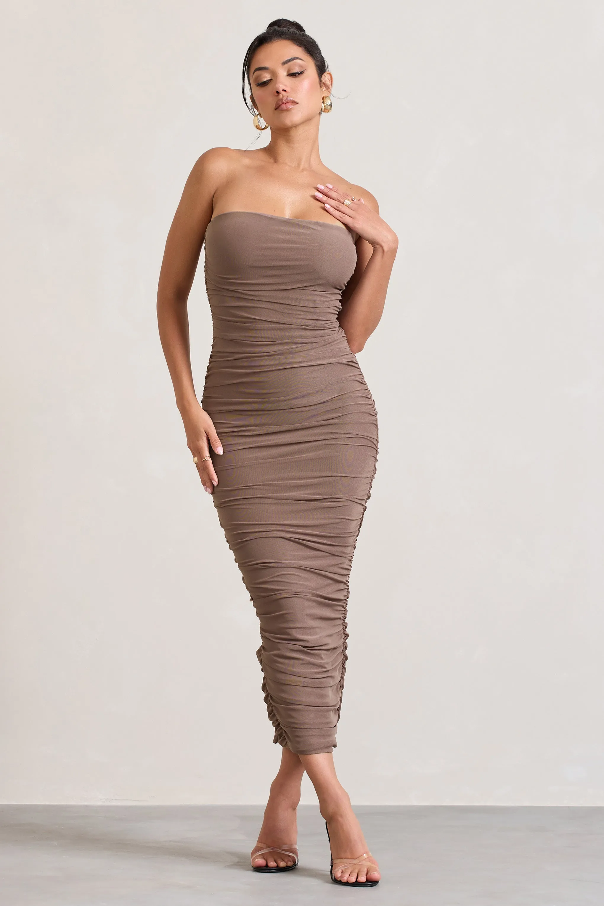 My Lady | Mocha Strapless Bodycon Ruched Mesh Maxi Dress