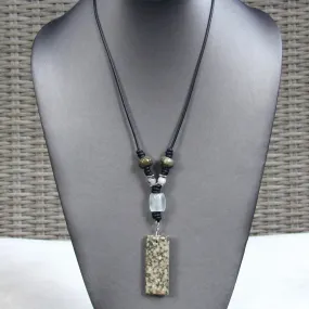 Ocean Jasper Gemstone and Quartz with Sterling Silver on Black Leather Necklace