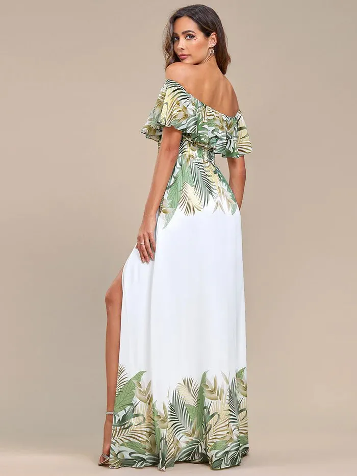 Off Shoulder Split Printed Chiffon Evening Dresses