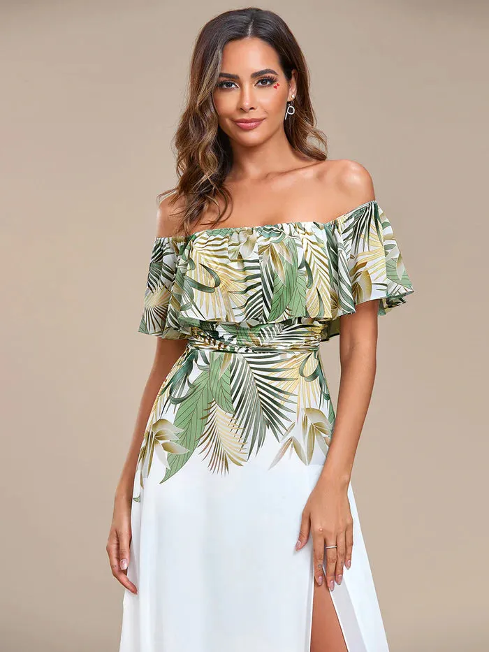 Off Shoulder Split Printed Chiffon Evening Dresses