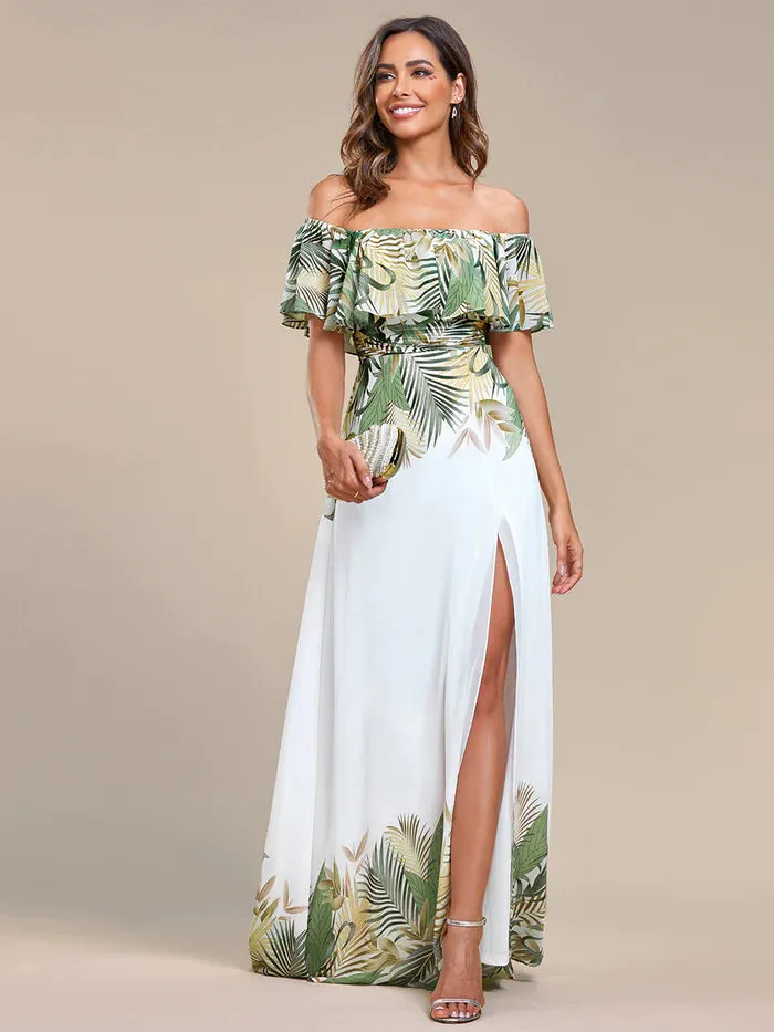 Off Shoulder Split Printed Chiffon Evening Dresses