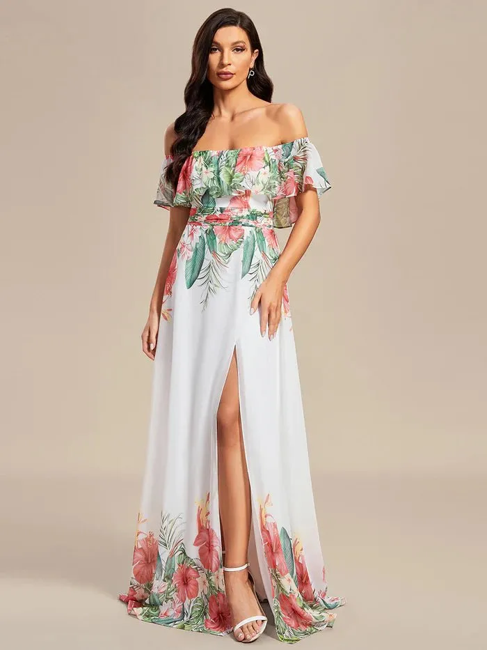 Off Shoulder Split Printed Chiffon Evening Dresses