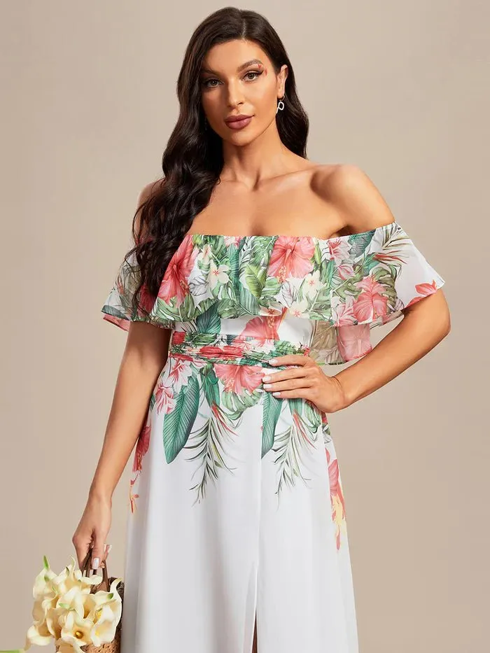 Off Shoulder Split Printed Chiffon Evening Dresses