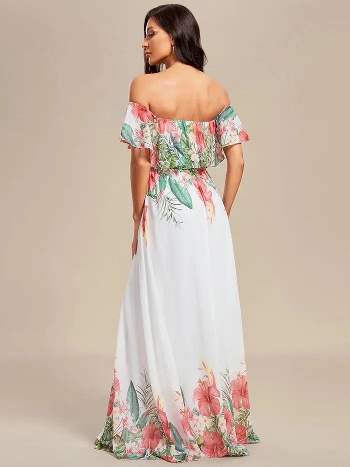 Off Shoulder Split Printed Chiffon Evening Dresses