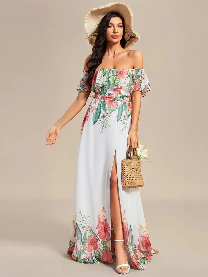 Off Shoulder Split Printed Chiffon Evening Dresses